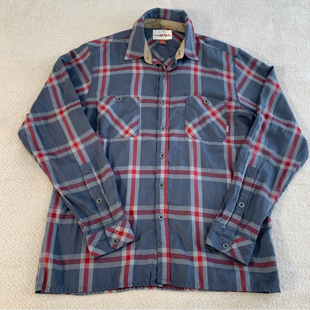 Simms Men's Shirt Size M Gray Long Sleeve Button Up Plaid Outdoor Fishing Hiking